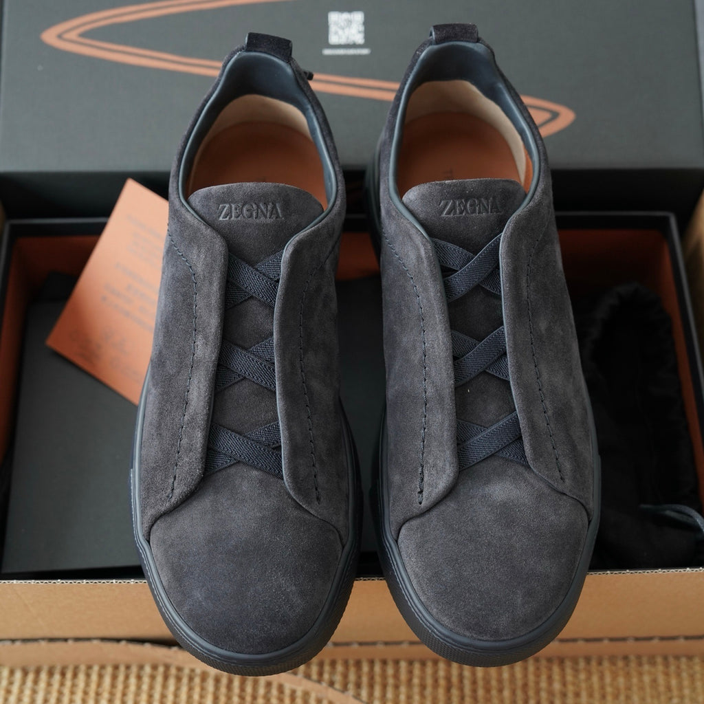 Navy Blue Suede Leather Triple Stitch Luxury Casual Shoes