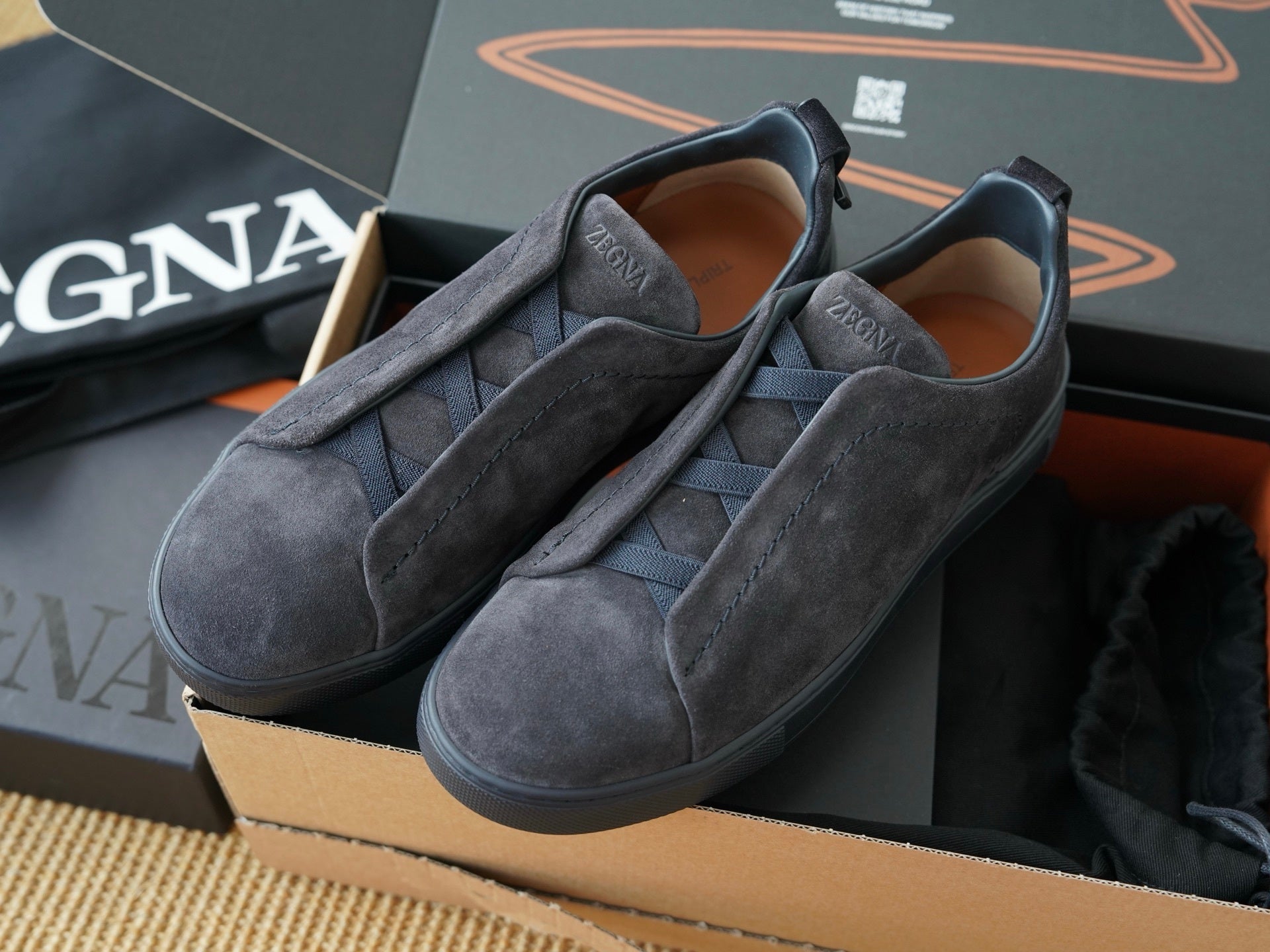 Navy Blue Suede Leather Triple Stitch Luxury Casual Shoes